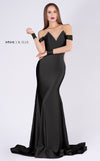 MNM Couture L0044S off-shoulder gown with illusion fabric and a long, floor-length draped tail. | Couture Shop LA