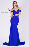 MNM Couture L0044S off-shoulder gown with illusion fabric and a long, floor-length draped tail. | Couture Shop LA