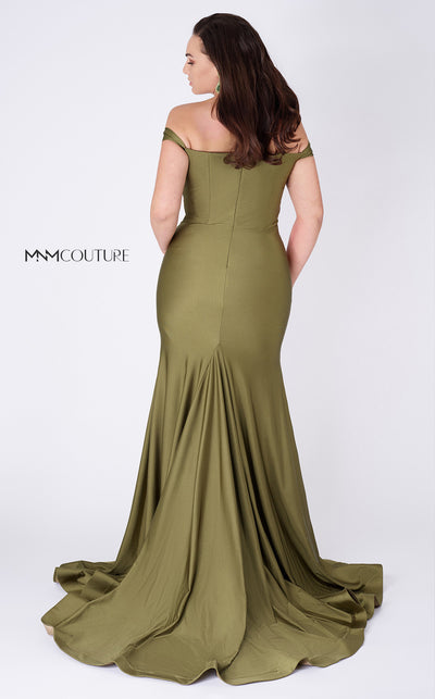 MNM Couture L0044 mermaid gown with off-shoulder cuffs, triangular neckline, and illusion cutout details. | Couture Shop LA