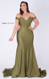MNM Couture L0044 mermaid gown with off-shoulder cuffs, triangular neckline, and illusion cutout details. | Couture Shop LA