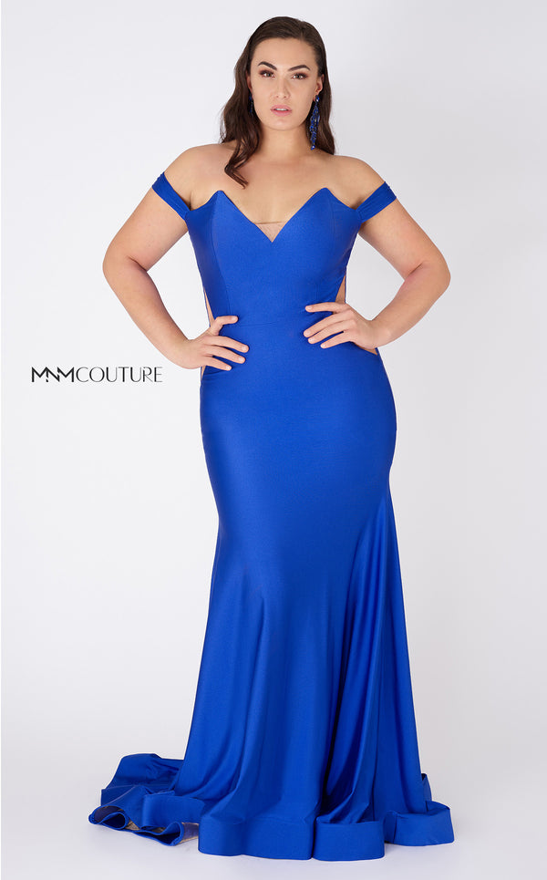 MNM Couture L0044 mermaid gown with off-shoulder cuffs, triangular neckline, and illusion cutout details. | Couture Shop LA