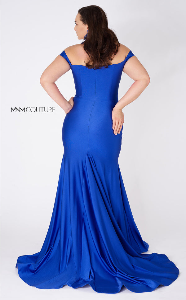 MNM Couture L0044 mermaid gown with off-shoulder cuffs, triangular neckline, and illusion cutout details. | Couture Shop LA