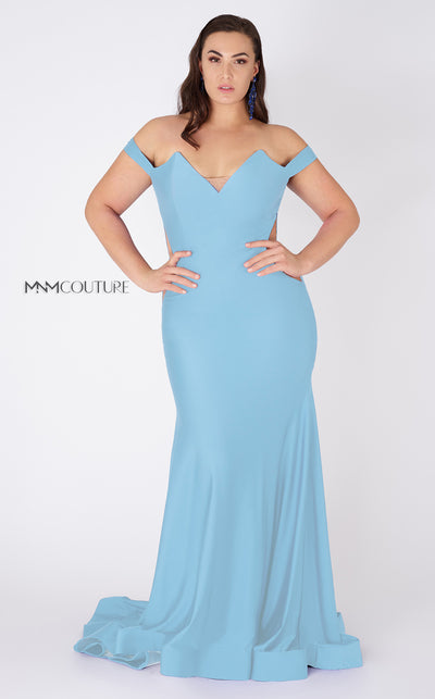 MNM Couture L0044 mermaid gown with off-shoulder cuffs, triangular neckline, and illusion cutout details. | Couture Shop LA