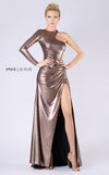 MNM Couture L0049A one-sleeve gown with ruched waist and hips, and sleek open-side slit design. | Couture Shop LA