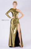 MNM Couture L0049A one-sleeve gown with ruched waist and hips, and sleek open-side slit design. | Couture Shop LA