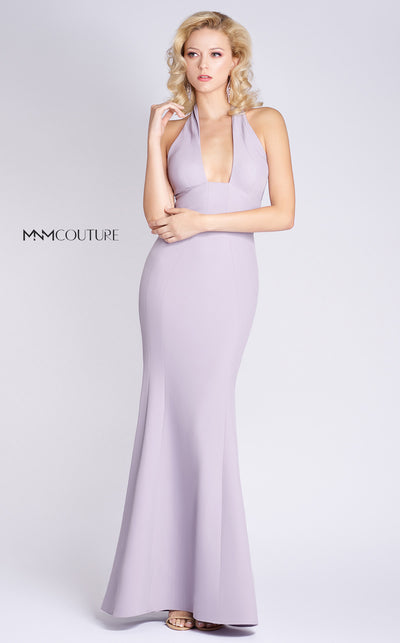 MNM Couture M0004 fit-and-flare mermaid gown in crepe fabric with halter neckline and mid-open back. | Couture Shop LA