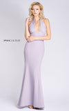 MNM Couture M0004 fit-and-flare mermaid gown in crepe fabric with halter neckline and mid-open back. | Couture Shop LA