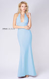 MNM Couture M0004 fit-and-flare mermaid gown in crepe fabric with halter neckline and mid-open back. | Couture Shop LA