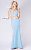 MNM Couture M0004 fit-and-flare mermaid gown in crepe fabric with halter neckline and mid-open back. | Couture Shop LA