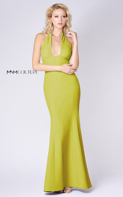 MNM Couture M0004 fit-and-flare mermaid gown in crepe fabric with halter neckline and mid-open back. | Couture Shop LA