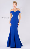 MNM Couture M0005 elegant off-shoulder mermaid dress with criss-cross torso details. | Couture Shop LA