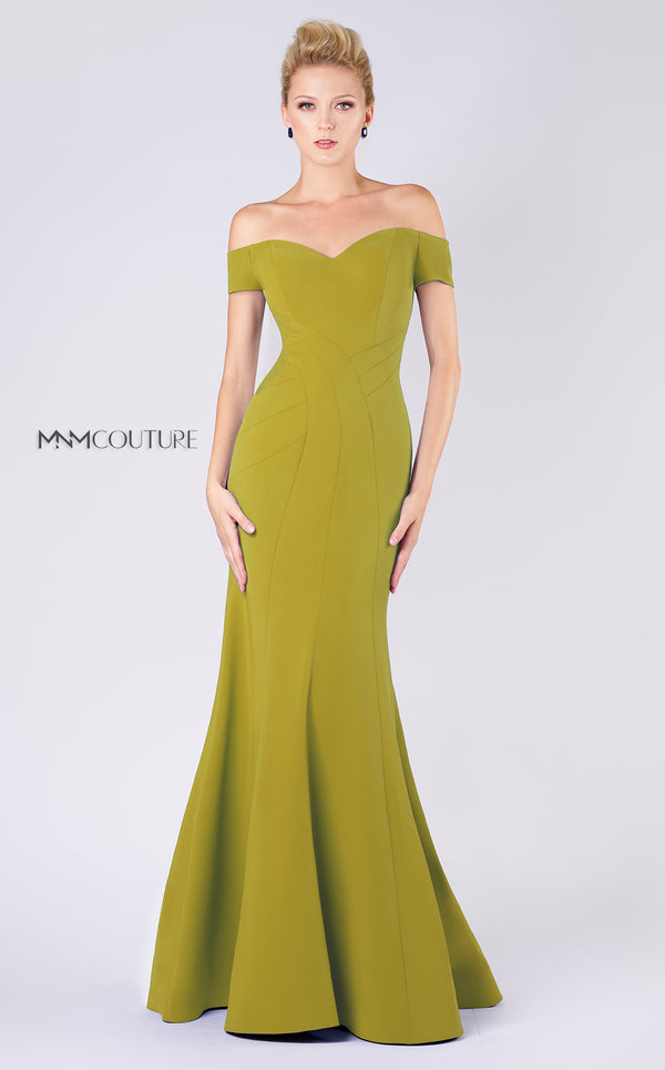 MNM Couture M0005 elegant off-shoulder mermaid dress with criss-cross torso details. | Couture Shop LA