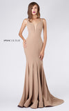 MNM Couture M0008 couture gown with plunging neckline and trumpet skirt with slight train. | Couture Shop LA