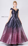 MNM Couture M0009 sequin gown with V-neckline and ombr� purple-to-pink A-line design. | Couture Shop LA