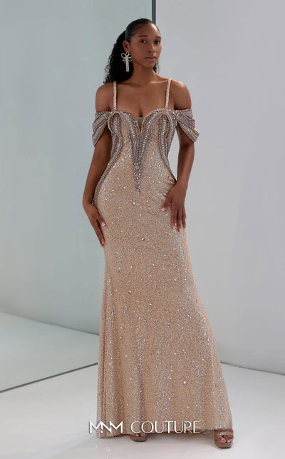 MNM Couture M0023 embroidered tulle mermaid gown with sequins, beads, and a flowing sweep train. | Couture Shop LA