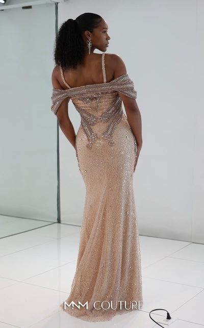 MNM Couture M0023 embroidered tulle mermaid gown with sequins, beads, and a flowing sweep train. | Couture Shop LA