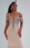 MNM Couture M0023 embroidered tulle mermaid gown with sequins, beads, and a flowing sweep train. | Couture Shop LA