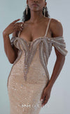 MNM Couture M0023 embroidered tulle mermaid gown with sequins, beads, and a flowing sweep train. | Couture Shop LA