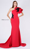 MNM Couture M0042 red crepe gown with dramatic ruffled sleeve and black floral embroidery. | Couture Shop LA