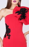 MNM Couture M0042 red crepe gown with dramatic ruffled sleeve and black floral embroidery. | Couture Shop LA