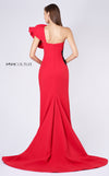 MNM Couture M0042 red crepe gown with dramatic ruffled sleeve and black floral embroidery. | Couture Shop LA