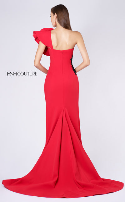 MNM Couture M0042 red crepe gown with dramatic ruffled sleeve and black floral embroidery. | Couture Shop LA