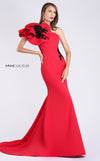 MNM Couture M0042 red crepe gown with dramatic ruffled sleeve and black floral embroidery. | Couture Shop LA