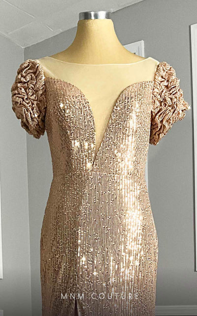 MNM Couture Style M0075 dress featuring sequin embroidery, illusion deep V-neckline, semi-flared silhouette, and ruffle cap sleeves. / Couture Shop LA