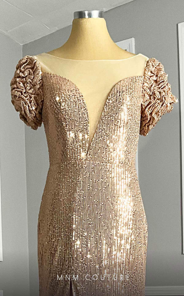 MNM Couture Style M0075 dress featuring sequin embroidery, illusion deep V-neckline, semi-flared silhouette, and ruffle cap sleeves. / Couture Shop LA