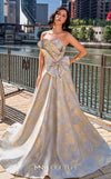 MNM Couture M0082 strapless evening gown with beaded bodice and shimmering brocade skirt. | Couture Shop LA