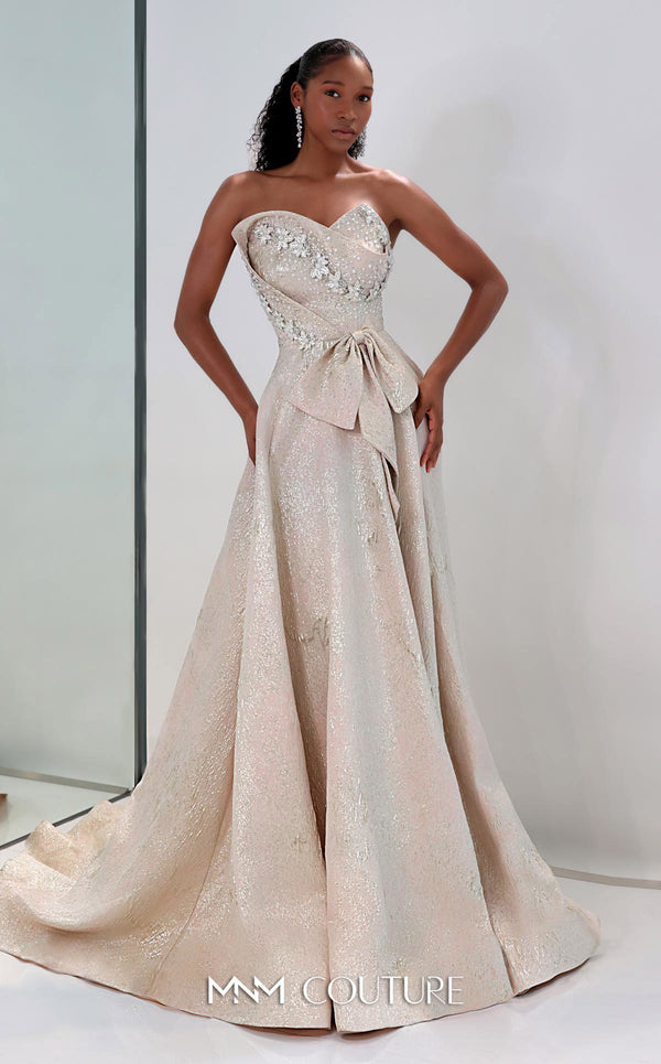 MNM Couture M0082 strapless evening gown with beaded bodice and shimmering brocade skirt. | Couture Shop LA