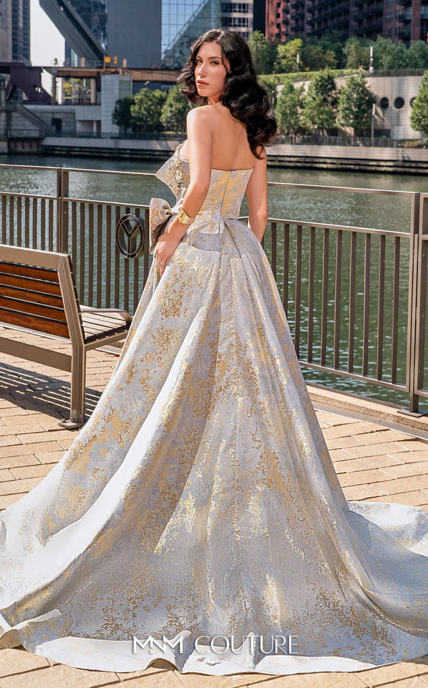 MNM Couture M0082 strapless evening gown with beaded bodice and shimmering brocade skirt. | Couture Shop LA