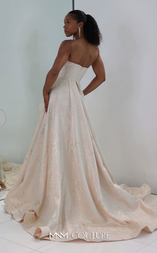 MNM Couture M0082 strapless evening gown with beaded bodice and shimmering brocade skirt. | Couture Shop LA