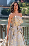 MNM Couture M0082 strapless evening gown with beaded bodice and shimmering brocade skirt. | Couture Shop LA