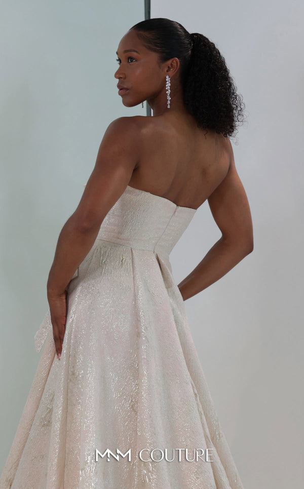 MNM Couture M0082 strapless evening gown with beaded bodice and shimmering brocade skirt. | Couture Shop LA