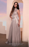 MNM Couture M0087 high-neck gown with embroidered bodice and flowing metallic Chiffon skirt. | Couture Shop LA