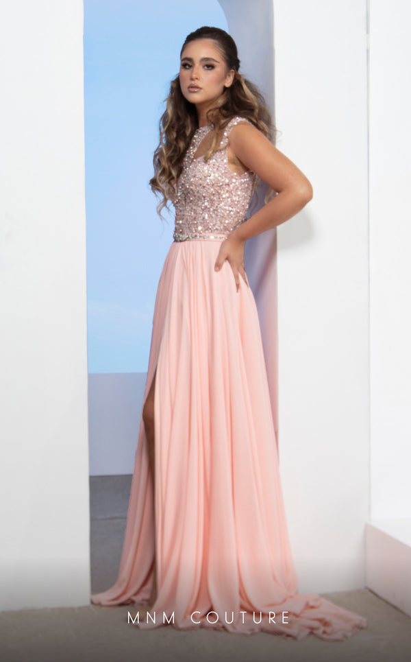 MNM Couture M0088 high-neck gown with beaded embroidery and a striking chiffon skirt with side slit. | Couture Shop LA