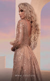 MNM Couture M0099 embroidered sheath gown with bishop sleeves, overskirt, and dramatic sweep train. | Couture Shop LA