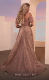 MNM Couture M0100 off-shoulder gown with shirred straps, high slit, and sweeping overskirt. | Couture Shop LA
