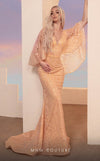 MNM Couture M0106 sequin sheer mermaid gown with nude-illusion deep-V neckline and draped capelet sleeves | Couture Shop LA.