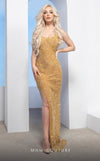 MNM Couture M1001 Embroidered gown with scoop neckline, fitted silhouette, and high side slit.