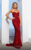 MNM Couture M1002 embroidered gown with pointy sweetheart neckline, sequins and beads details, and train cut.