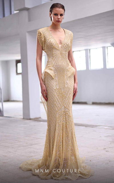 MNM Couture M1004 embroidered mermaid gown with short sleeves, bead and sequin embellishments, deep V neckline, and long train. | Couture Shop LA