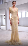 MNM Couture M1004 embroidered mermaid gown with short sleeves, bead and sequin embellishments, deep V neckline, and long train.