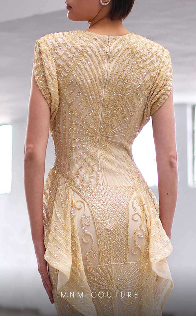 MNM Couture M1004 embroidered mermaid gown with short sleeves, bead and sequin embellishments, deep V neckline, and long train. | Couture Shop LA