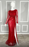 MNM Couture M1005 embroidered evening gown with long sleeves, sequin embellishments, round neckline, and short tail cut.