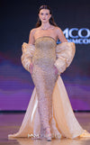 MNM Couture Style M1010 showcasing a sleeveless mermaid gown covered in gradient sequins and beading, with a round neckline and a removable long cape. | Couture Shop LA