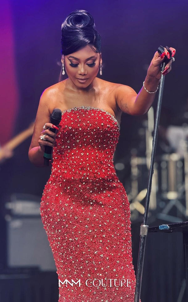 MNM Couture Style M1010 showcasing a sleeveless mermaid gown covered in gradient sequins and beading, with a round neckline and a removable long cape. | Couture Shop LA