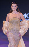 MNM Couture Style M1010 showcasing a sleeveless mermaid gown covered in gradient sequins and beading, with a round neckline and a removable long cape. | Couture Shop LA