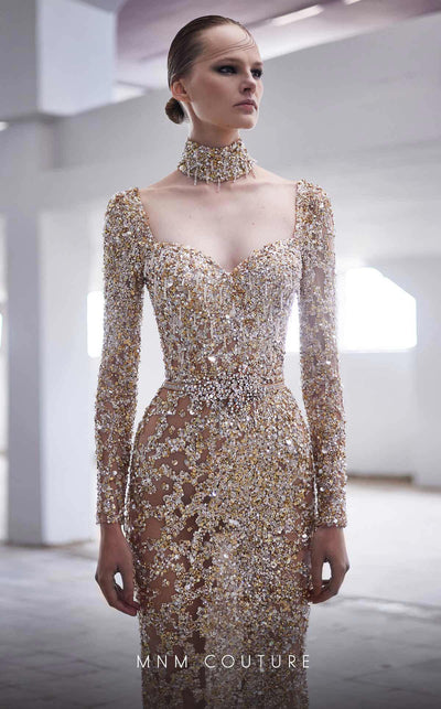Illuminate the evening in this stunningly embroidered MNM Couture M1017 gown, accentuated with elegant beading and a graceful A-line silhouette. | Couture Shop LA